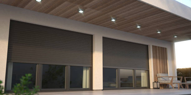 Outdoor blinds covering large doors